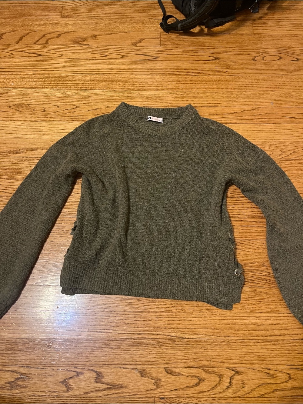 SO Olive Crewneck Sweater with Side Lace-Up Detail
